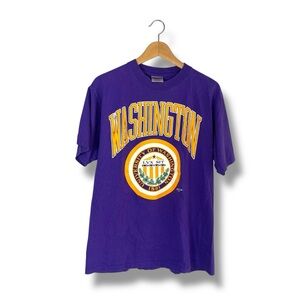 VTG 1990 Washington University T Shirt L Spell Out Crest Huskies Purple USA Made